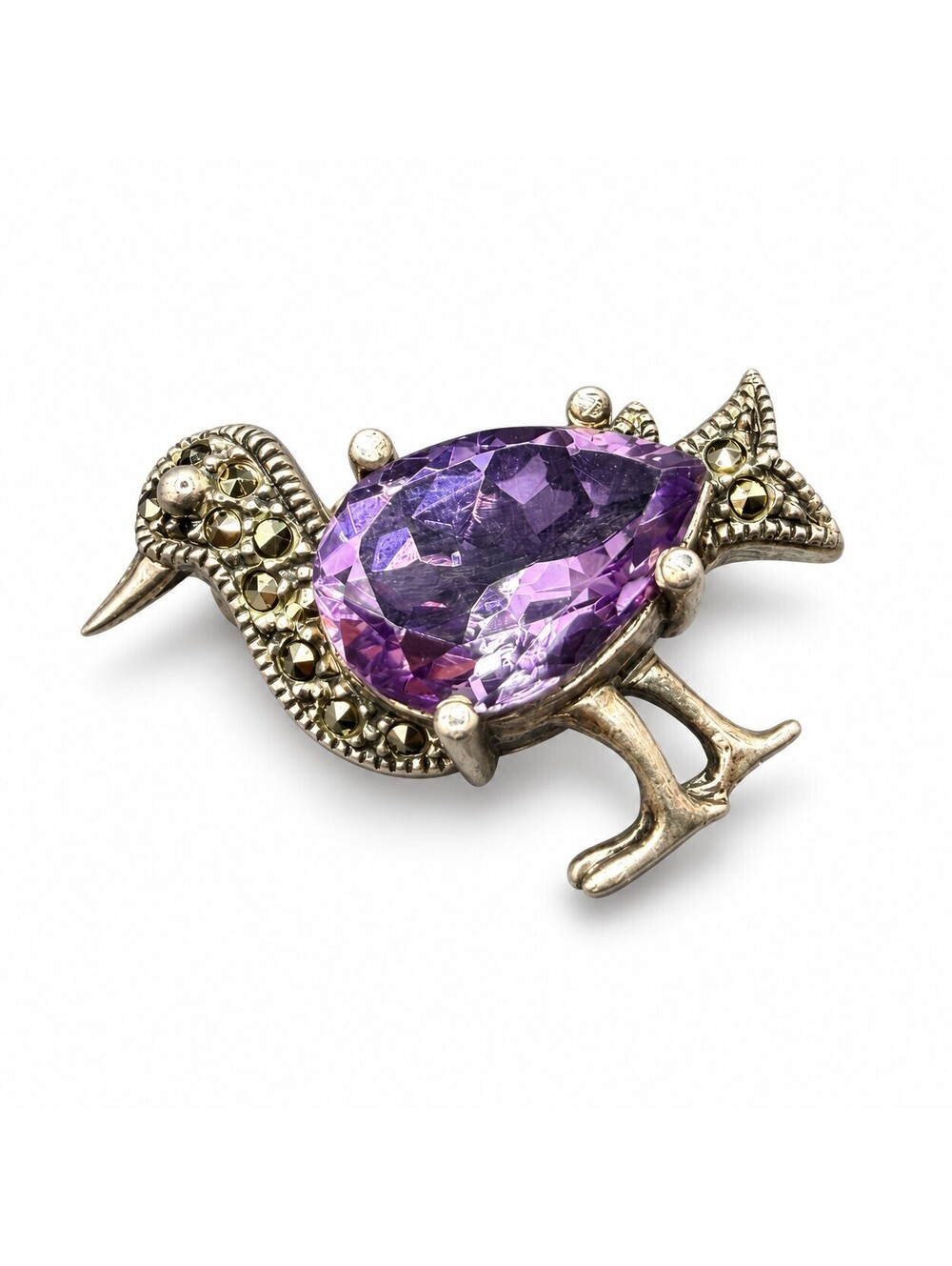 Judith Jack Sterling Silver Purple Stone Marcasite Bird Brooch Pin 3.76g